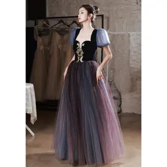 Chic Belle Dégradé De Couleur Violet Glitter Robe De Bal 2022 Princesse Encolure Carrée Gonflée Manches Courtes Dos Nu Noeud Longue Promo Robe De Ceremonie