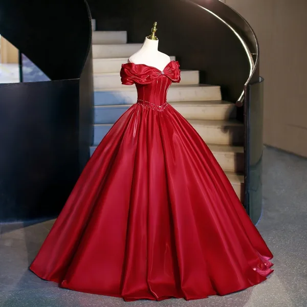 Vintage / Retro Red Rhinestone Prom Dresses 2026 Ball Gown Off-The-Shoulder Sleeveless Backless Floor-Length / Long Formal Dresses