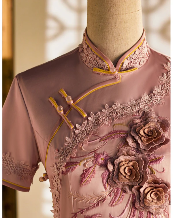 Chinese style Blushing Pink Lace Flower Tea-length Cheongsam 2024 Trumpet / Mermaid High Neck Short Sleeve Prom