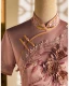 Chinese style Blushing Pink Lace Flower Tea-length Cheongsam 2024 Trumpet / Mermaid High Neck Short Sleeve Prom
