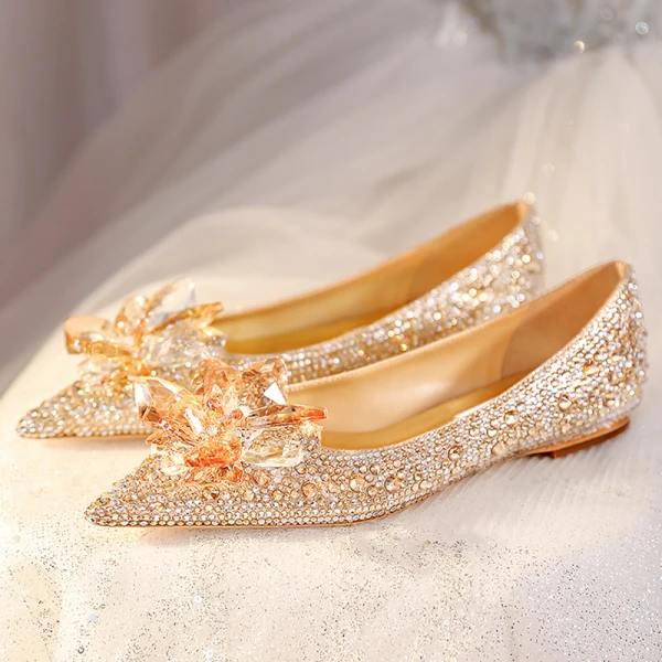 Uroczy Złote Kryształ Rhinestone Płaskie Buty Ślubne 2023 Skórzany Szpiczaste Buty Ślubne