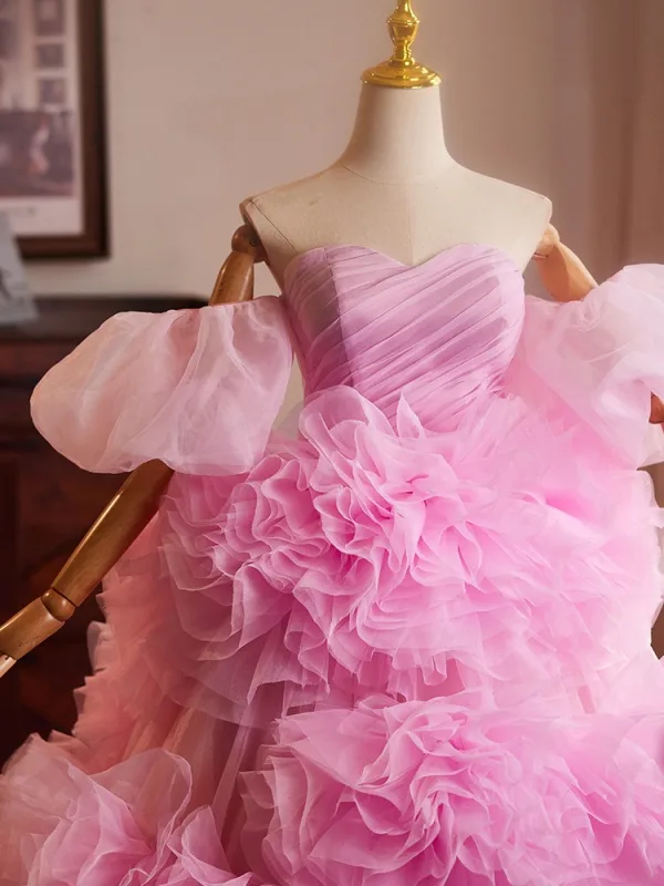 Charming Candy Pink Pleated Prom Dresses 2024 Ball Gown Off-The-Shoulder Puffy Short Sleeve Sweep Train Prom Formal Dresses