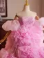 Charming Candy Pink Pleated Prom Dresses 2024 Ball Gown Off-The-Shoulder Puffy Short Sleeve Sweep Train Prom Formal Dresses