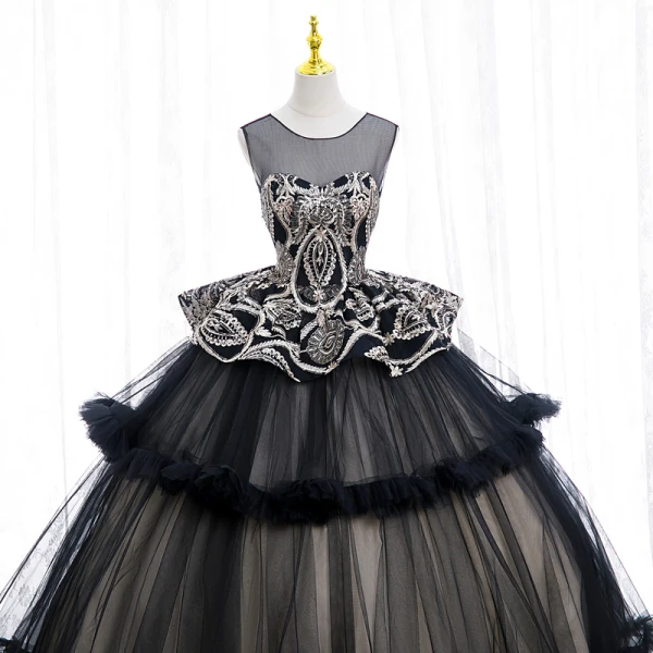 Elegant Black Sequins Lace Flower Prom Dresses 2022 Ball Gown Scoop Neck Sleeveless Backless Floor-Length / Long Prom Formal Dresses