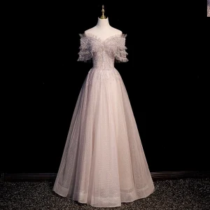 Glitter Charmant Oud Roze Kralen Rhinestone Pailletten Galajurken 2022 A Lijn Uit De Schouder Korte Mouwen Ruglooze Lange Gala Gelegenheid Jurken