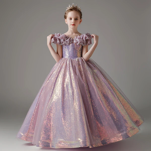 Chic / Beautiful Lavender Glitter Sequins Birthday Flower Girl Dresses 2023 Ball Gown Ruffle Off-The-Shoulder Short Sleeve Floor-Length / Long