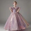 Chic / Beautiful Lavender Glitter Sequins Birthday Flower Girl Dresses 2023 Ball Gown Ruffle Off-The-Shoulder Short Sleeve Floor-Length / Long