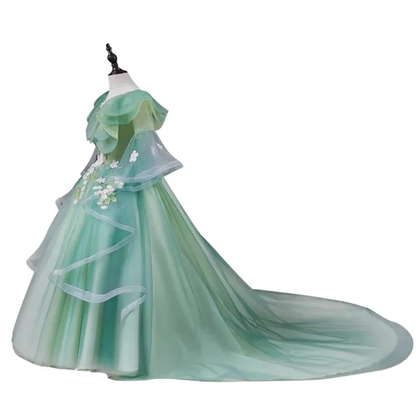 Chic / Beautiful Sage Green Appliques Lace Flower Pearl Cascading Ruffles Birthday Flower Girl Dresses 2024 Ball Gown V-Neck Short Sleeve Court Train