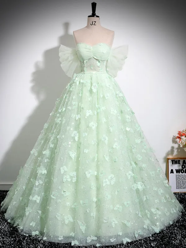 Elegant Sage Green Sequins Butterfly Appliques Prom Dresses 2024 Ball Gown Off-The-Shoulder Short Sleeve Backless Floor-Length / Long Prom Formal Dresses