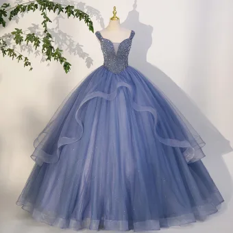 Elegant Sky Blue Beading Sequins Prom Dresses 2023 Ball Gown Square Neckline Sleeveless Backless Crossed Straps Floor Length Long Prom Formal Dresses