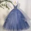 Élégant Bleu Ciel Perlage Paillettes Robe De Bal 2023 Robe Boule Encolure Carrée Sans Manches Dos Nu Bretelles croisées Longue Promo Robe De Ceremonie