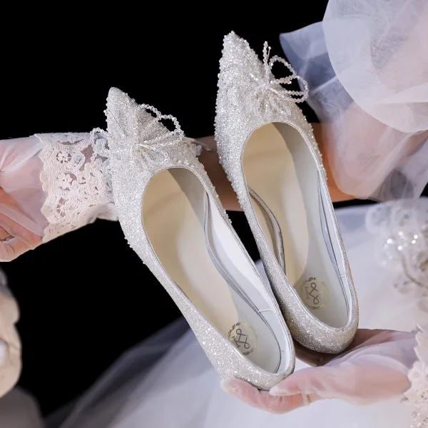 Bling Bling Champagne Perlage Paillettes Chaussure De Mariée 2023 Cuir 3 cm Talons Aiguilles Talon Bas À Bout Pointu Mariage Escarpins Talons Hauts