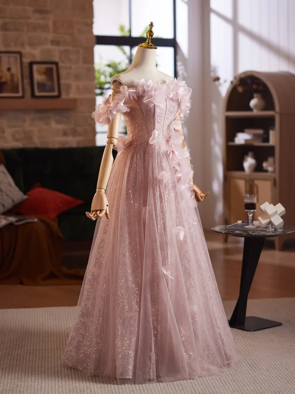 Chic / Beautiful Blushing Pink Appliques Sequins A-Line / Princess Prom Dresses 2025 Off-The-Shoulder Sleeveless Backless Floor-Length / Long Formal Dresses