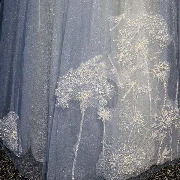 Charmant Bleu Ciel Glitter Paillettes Robe De Soirée 2023 Princesse Bustier Perle Noeud Sans Manches Dos Nu Longue Robe De Ceremonie