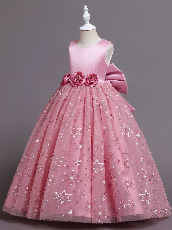 Chic / Belle Rose Bonbon Paillettes Appliques Anniversaire Robe Ceremonie Fille 2024 Robe Boule Encolure Dégagée Sans Manches Dos Nu Noeud Longue