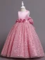 Chic / Belle Rose Bonbon Paillettes Appliques Anniversaire Robe Ceremonie Fille 2024 Robe Boule Encolure Dégagée Sans Manches Dos Nu Noeud Longue