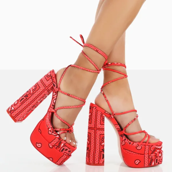Roman Summer Red Street Wear Womens Sandals 2022 Ankle Strap 14 cm Thick Heels Open / Peep Toe Sandals High Heels