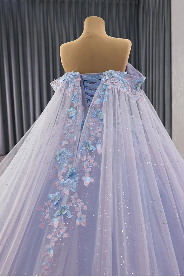 Haut de Gamme Bleu Ciel En Dentelle Papillon Perlage Paillettes Appliques Robe De Bal 2025 Robe Boule De l'épaule Manches Courtes Dos Nu Royal Train Tulle Robe De Ceremonie