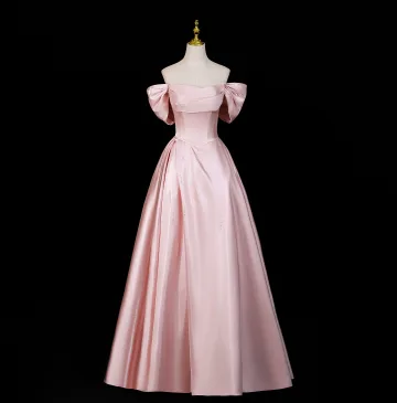 Chic Beautiful Blushing Pink Pearl Satin Prom Dresses 2025 A Line Princess Off The Shoulder Short Sleeve Backless Floor Length Long Formal Dresses