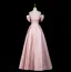Chic / Beautiful Blushing Pink Pearl Satin Prom Dresses 2025 A-Line / Princess Off-The-Shoulder Short Sleeve Backless Floor-Length / Long Formal Dresses