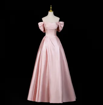 Chic Beautiful Blushing Pink Pearl Satin Prom Dresses 2025 A Line Princess Off The Shoulder Short Sleeve Backless Floor Length Long Formal Dresses