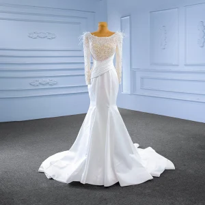 Haut De Gamme Ivoire Perlage Perle Gland Robe De Mariée 2023 Trompette Sirène Encolure Dégagée Manches Longues Train De Balayage Mariage