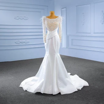 High End Ivory Beading Pearl Tassel Wedding Dresses 2023 Trumpet Mermaid Scoop Neck Long Sleeve Sweep Train Wedding