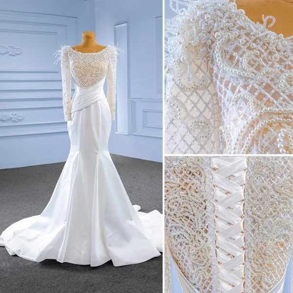 High End Ivory / Creme Perlenstickerei Perle Quaste Brautkleider / Hochzeitskleider 2023 Meerjungfrau Rundhalsausschnitt Lange Ärmel Sweep / Pinsel Zug Hochzeit
