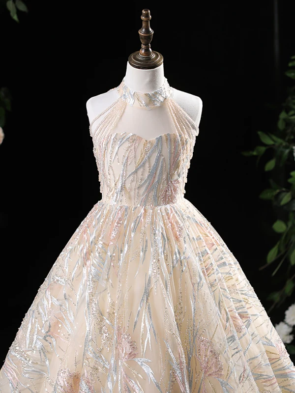 Chic / Beautiful Champagne Beading Sequins Lace Flower Birthday Flower Girl Dresses 2024 A-Line / Princess High Neck Sleeveless Floor-Length / Long