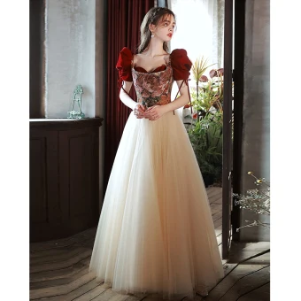 Élégant Bordeaux Robe De Bal 2022 Princesse Encolure Carrée Perlage Gonflée Manches Courtes Dos Nu Noeud Longue Promo Robe De Ceremonie