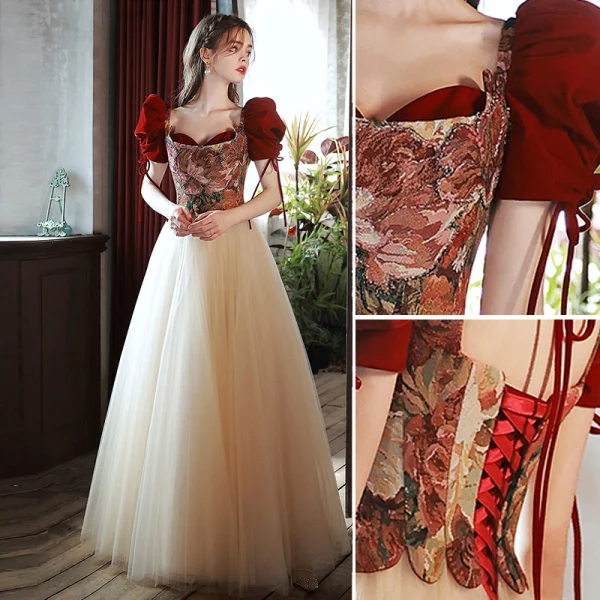 Elegant Burgundy Prom Dresses 2022 A-Line / Princess Square Neckline Beading Puffy Short Sleeve Backless Bow Floor-Length / Long Prom Formal Dresses