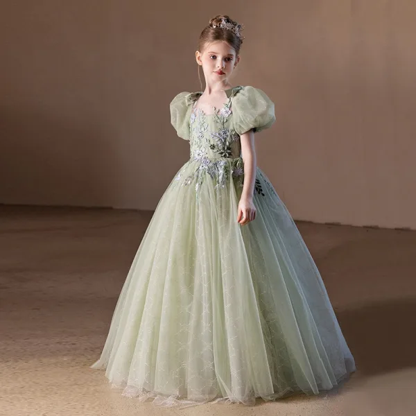 Chic / Beautiful Sage Green Pearl Lace Flower Birthday Flower Girl Dresses 2024 Ball Gown Scoop Neck Puffy Short Sleeve Backless Floor-Length / Long Flower Girl Dresses