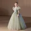 Chic / Beautiful Sage Green Pearl Lace Flower Birthday Flower Girl Dresses 2024 Ball Gown Scoop Neck Puffy Short Sleeve Backless Floor-Length / Long Flower Girl Dresses