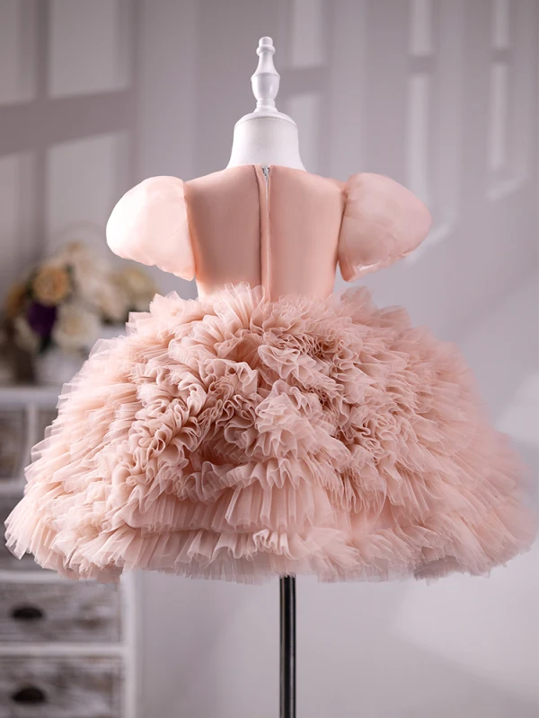 Chic / Beautiful Blushing Pink Pearl Rhinestone Short Birthday Cascading Ruffles Flower Girl Dresses 2023 Ball Gown Scoop Neck Puffy Short Sleeve Tulle