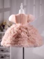 Chic / Beautiful Blushing Pink Pearl Rhinestone Short Birthday Cascading Ruffles Flower Girl Dresses 2023 Ball Gown Scoop Neck Puffy Short Sleeve Tulle