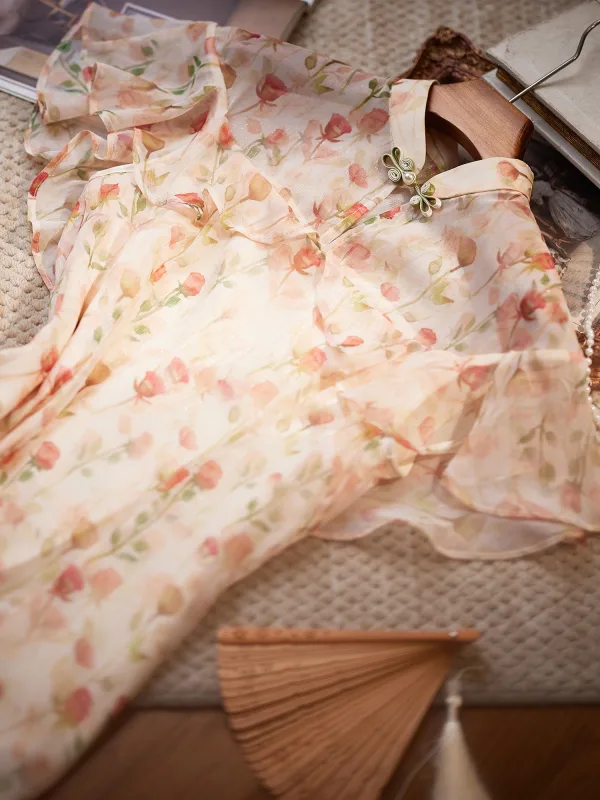 Style Chinois Chic / Belle Beige Impression Cheongsam 2024 Trompette / Sirène Col Haut Manches Courtes Longue