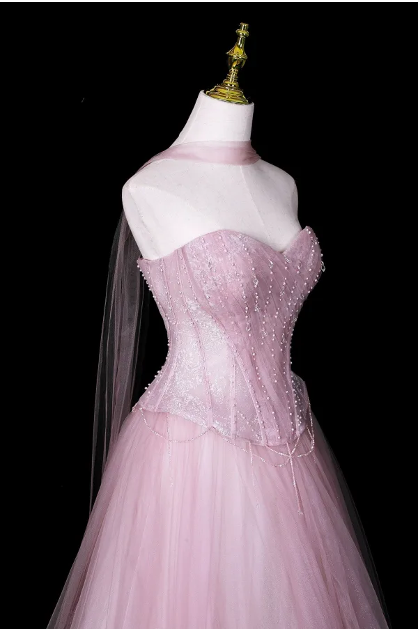 Lovely Blushing Pink Pearl Sequins Prom Dresses 2026 A-Line / Princess Strapless Sleeveless Backless Floor-Length / Long Formal Dresses