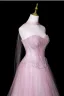 Lovely Blushing Pink Pearl Sequins Prom Dresses 2026 A-Line / Princess Strapless Sleeveless Backless Floor-Length / Long Formal Dresses