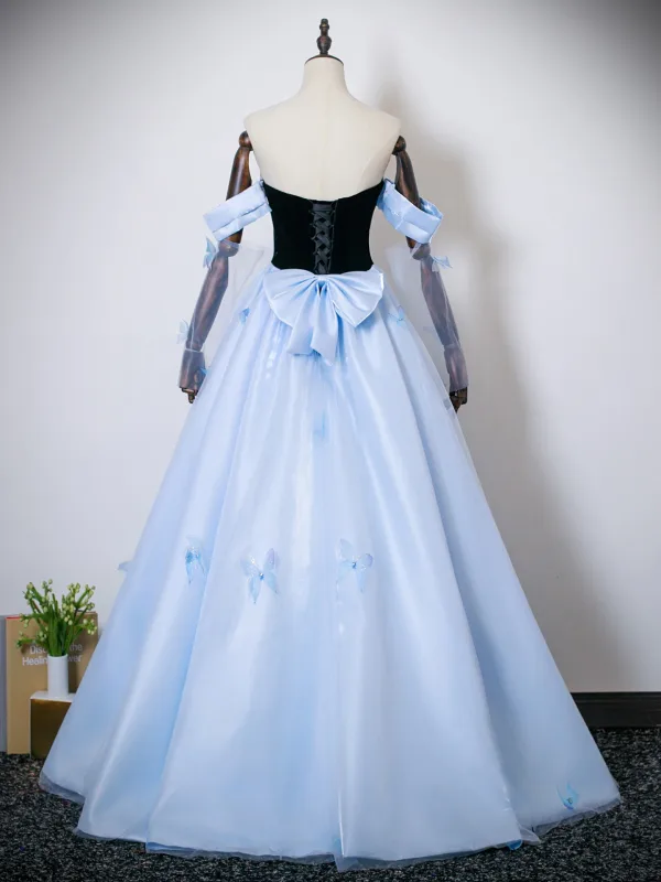 Schöne Himmelblau Schmetterling Ballkleider 2025 Ballkleid Off Shoulder Ärmellos Rückenfreies Schleife Lange Festliche Kleider