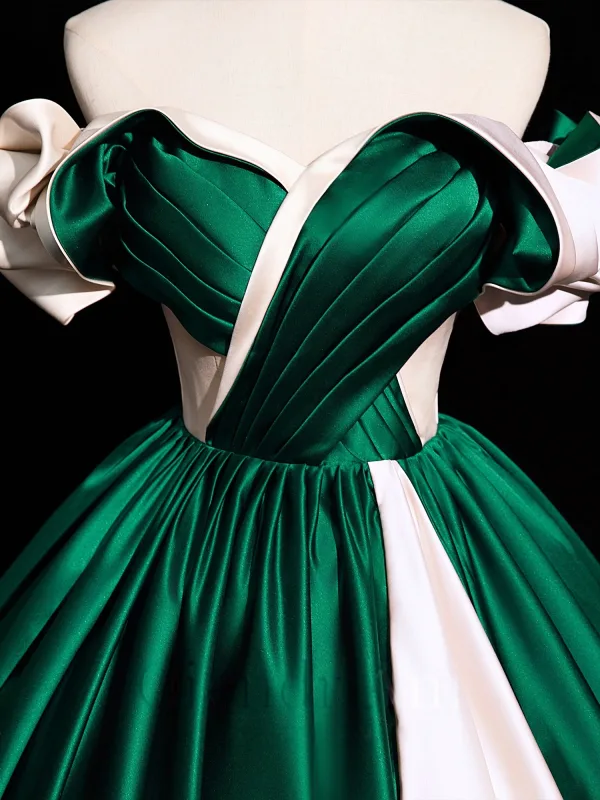 Two Tone Elegant Dark Green Satin Prom Dresses 2025 Ball Gown Off-The-Shoulder Short Sleeve Backless Floor-Length / Long Prom Formal Dresses