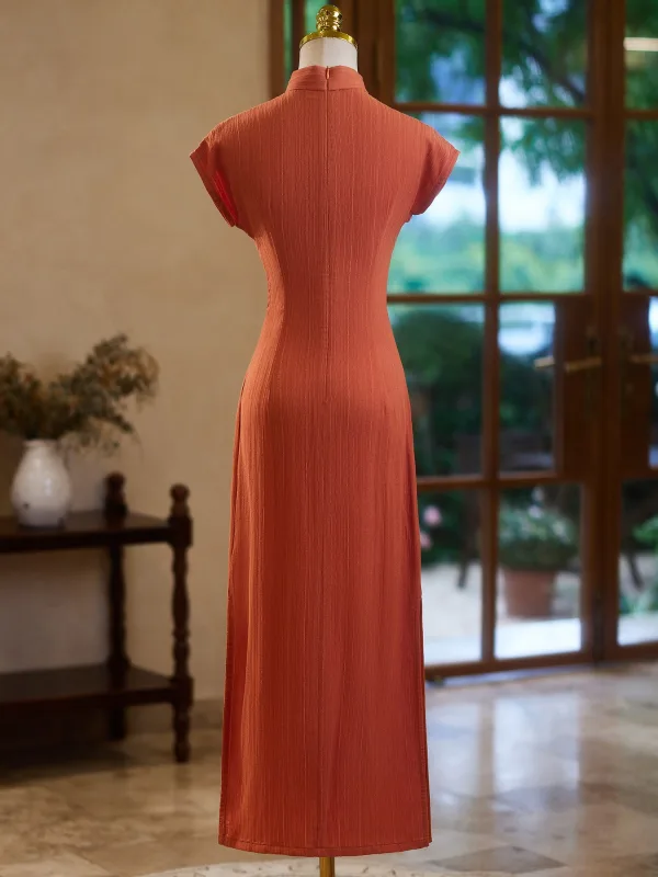 Chinese style Orange Tea-length Cheongsam 2024 Trumpet / Mermaid High Neck Short Sleeve Prom