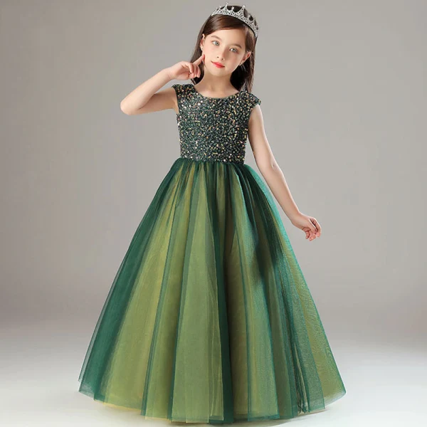 Vintage / Retro Dark Green Sequins Flower Girl Dresses 2022 A-Line / Princess Scoop Neck Sleeveless Prom Floor-Length / Long Flower Girl Dresses