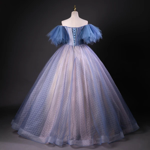 Vintage / Retro Ocean Blue Beading Sequins Prom Dresses 2023 Ball Gown Off-The-Shoulder Short Sleeve Backless Floor-Length / Long Formal Dresses