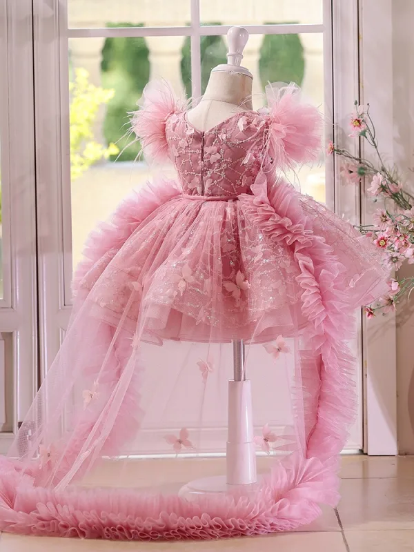 Flower Fairy Blushing Pink Butterfly Appliques Sequins Tassel Asymmetrical Birthday Flower Girl Dresses 2025 Ball Gown Scoop Neck Puffy Short Sleeve Tulle