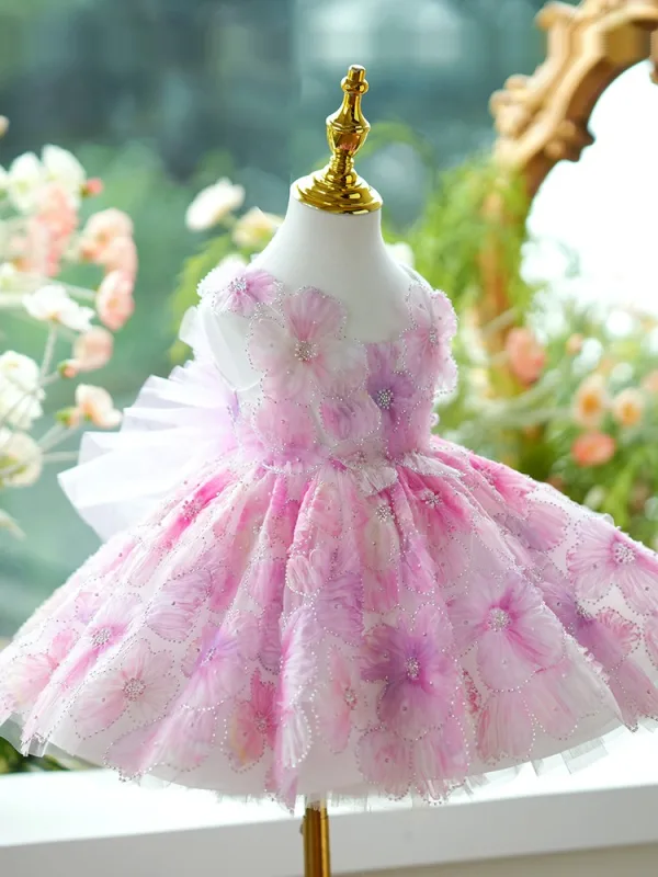 Flower Fairy Blushing Pink Beading Pearl Appliques Short Flower Girl Dresses 2024 Birthday Ball Gown Scoop Neck Sleeveless Backless Bow