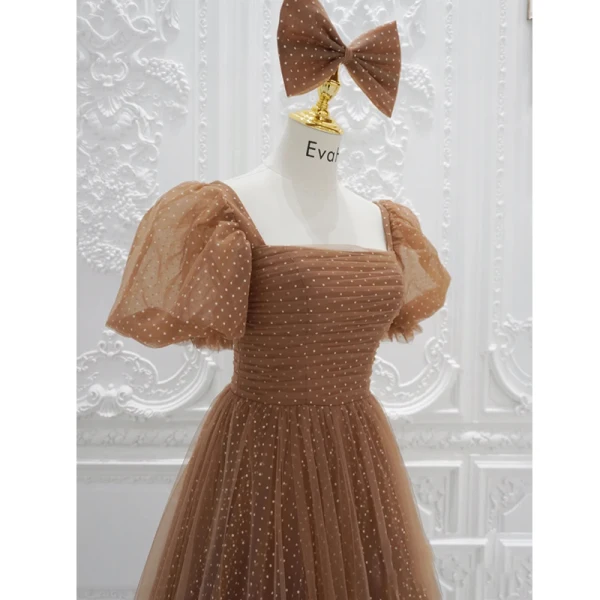 Vintage / Retro Brown Princess Prom Dresses 2021 Square Neckline Crossed Straps Floor-Length / Long Ruffle Tulle Satin Short Sleeve Formal Dresses