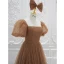Vintage / Retro Brown Princess Prom Dresses 2021 Square Neckline Crossed Straps Floor-Length / Long Ruffle Tulle Satin Short Sleeve Formal Dresses
