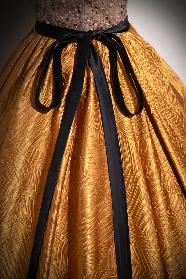 Elegant Gold Beading Sequins Prom Dresses 2024 Ball Gown Square Neckline Puffy Short Sleeve Backless Bow Sash Floor-Length / Long Prom Formal Dresses