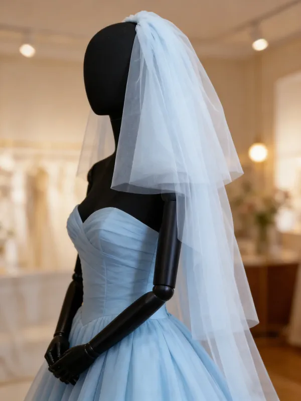 Simple Bleu Ciel Tulle Train De Balayage Voile De Mariée 2026