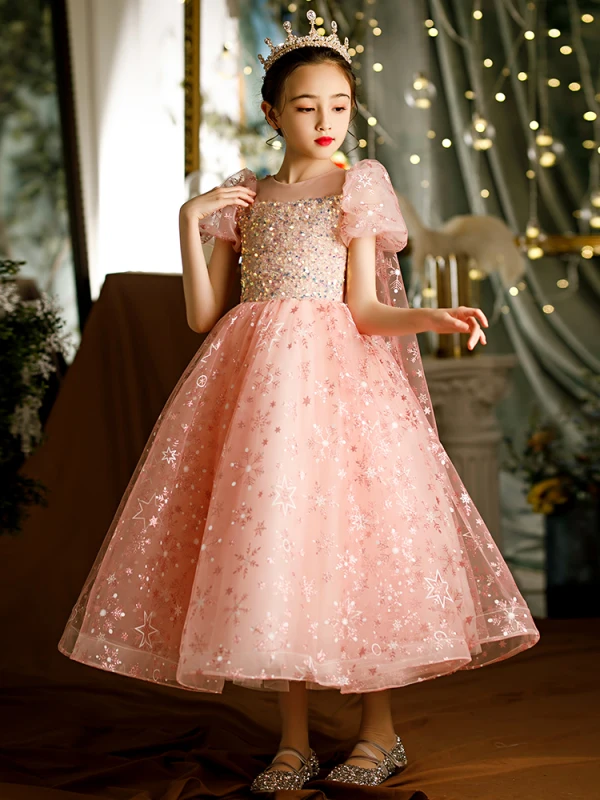 Chic / Beautiful Candy Pink Beading Star Sequins Flower Girl Dresses 2022 A-Line / Princess Scoop Neck Short Sleeve Floor-Length / Long Prom